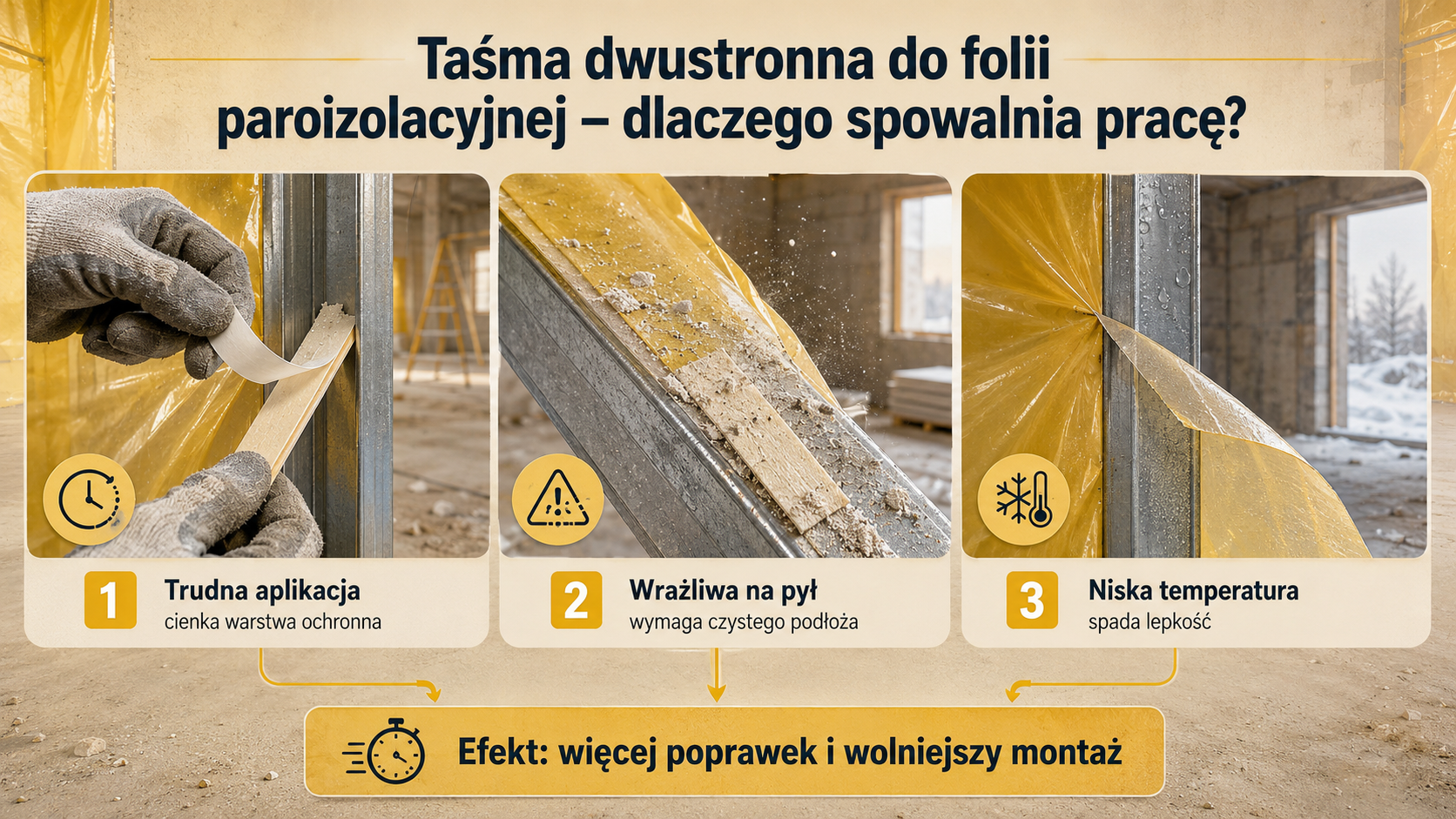 Dlaczego taśma dwustronna spowalnia pracę Wady taśmy dwustronnej do folii paroizolacyjnej - infografika